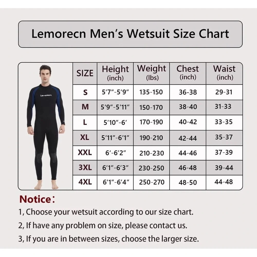 New Lemoreen Men Full Body Wetsuit 3mm Neoprene Surfing Diving Suit - Blue/Black